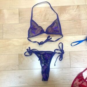 Purple Sheer lace butterfly Floral Bra panties Set